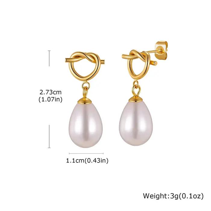 Boucles d'oreilles pendantes avec perle en forme de goutte et nœud, en acier inoxydable plaqué or 18