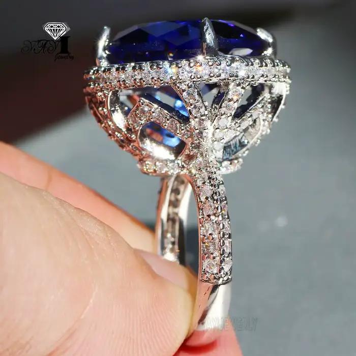 YaYI bijoux princesse coupe 15*15mm énorme saphir bleu Zircon couleur argent fiançailles mariage coe