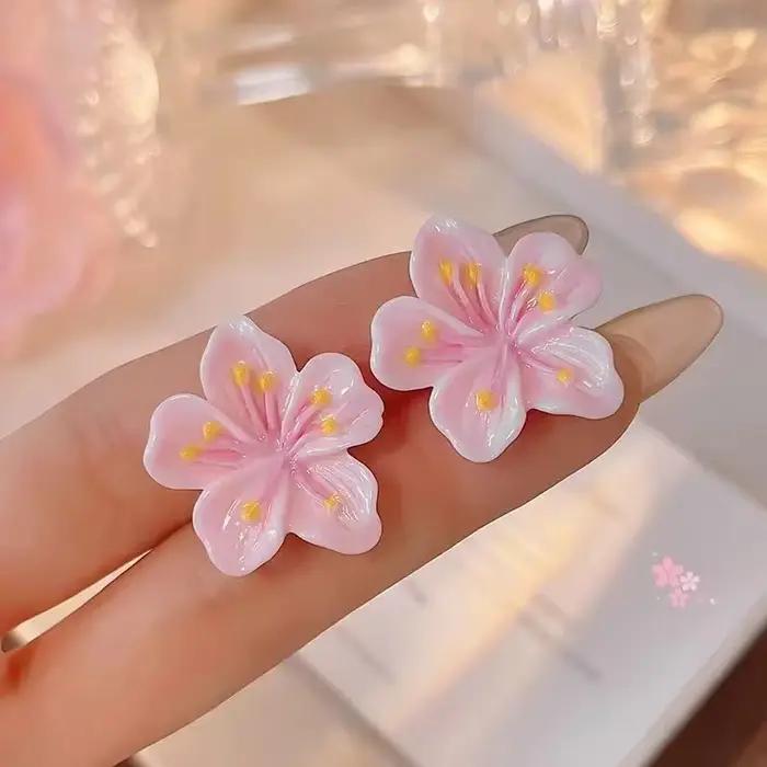 Boucle d'oreille en résine rose sans fleurs pour femme, clou de fleur de Sakura, accessoire de bijou