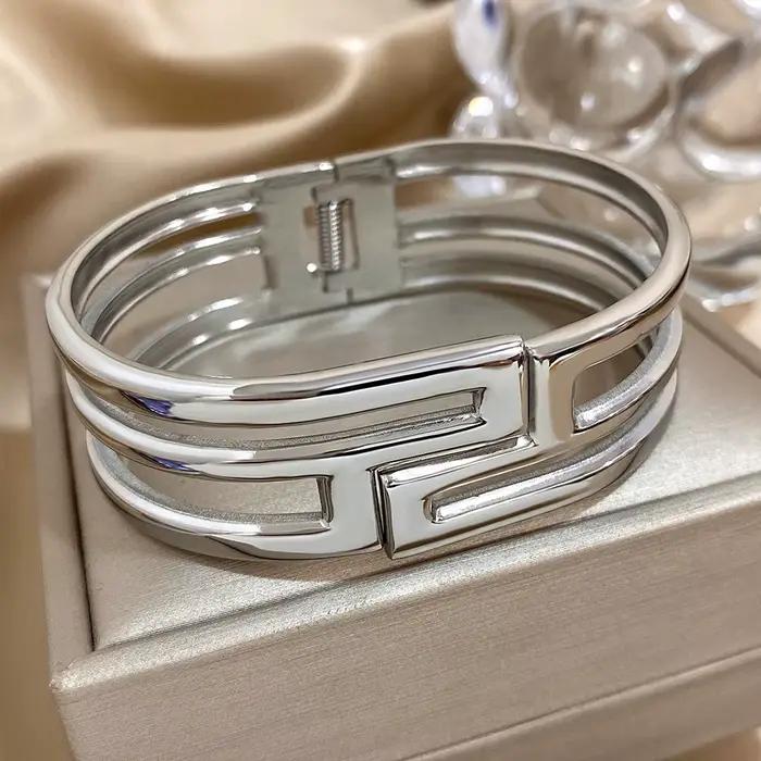 Greatera – Bracelet métallique à ouverture en métal lourd pour hommes, deux tons ajourés, géométrie 