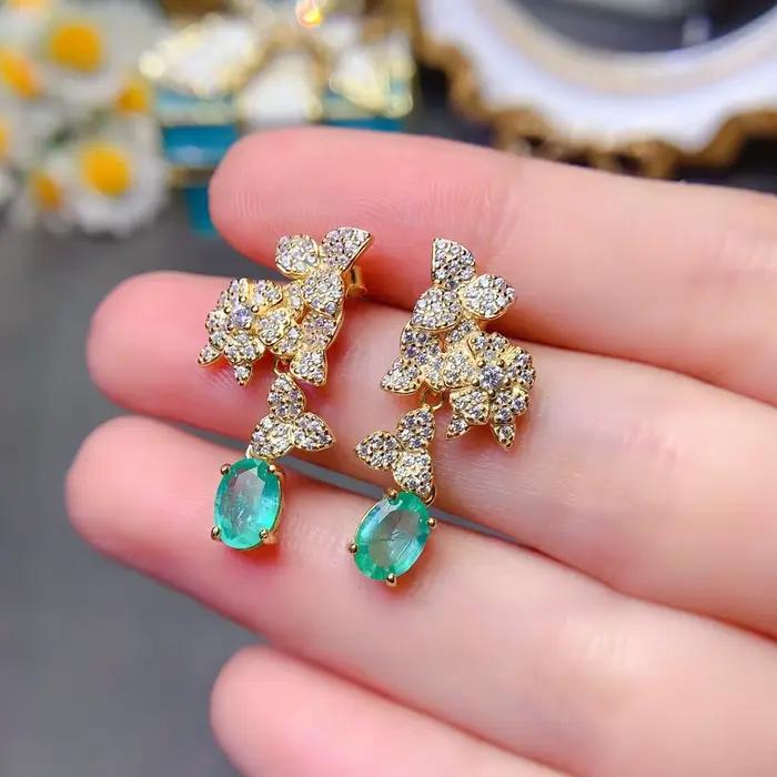 Magnifiques boucles d'oreilles en argent sterling S925, émeraude véritable, bijoux avant à la mode p