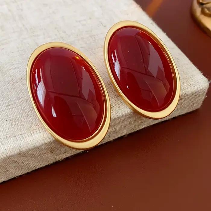 Boucles d'oreilles Vintage en résine rouge pour femmes, grandes boucles d'oreilles ovales géométriqu