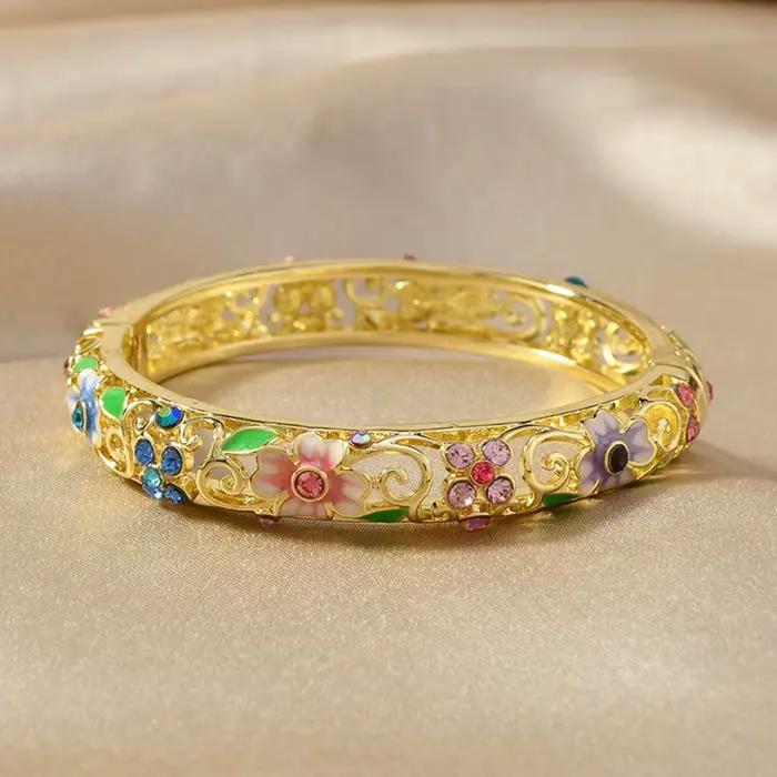 Bracelets ethniques de luxe en or, couleur or, creux, émail bleu Jingtai, glaçure goutte à goutte, t