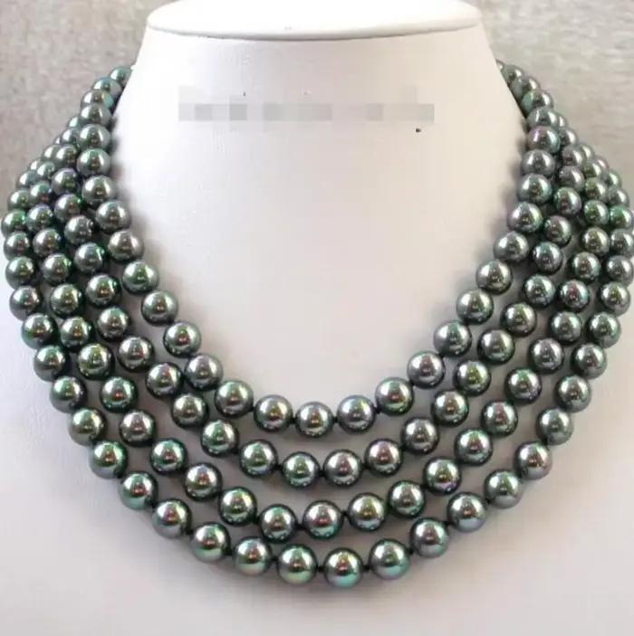 Superbe collier de perles rondes en coquillage de mer noire de Tahiti du sud, 4 rangées de 8mm, bijo