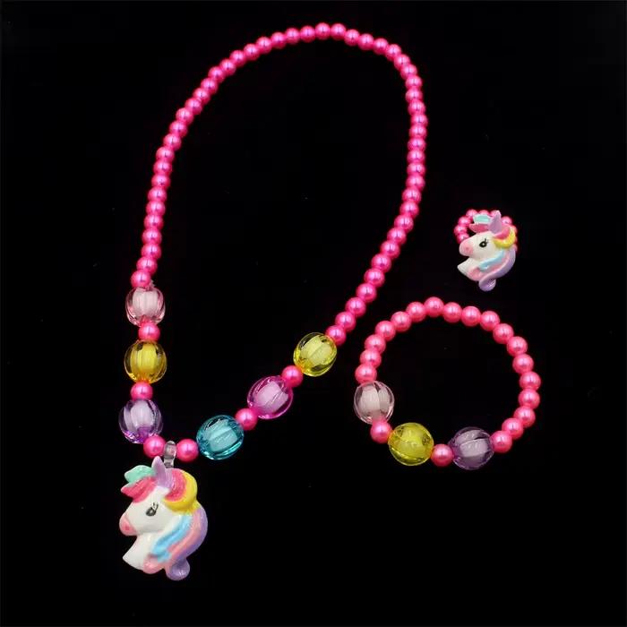 Ensemble de bijoux licorne pour enfants, 1 ensemble, perles en résine - Collier, bracelet, bague, bo