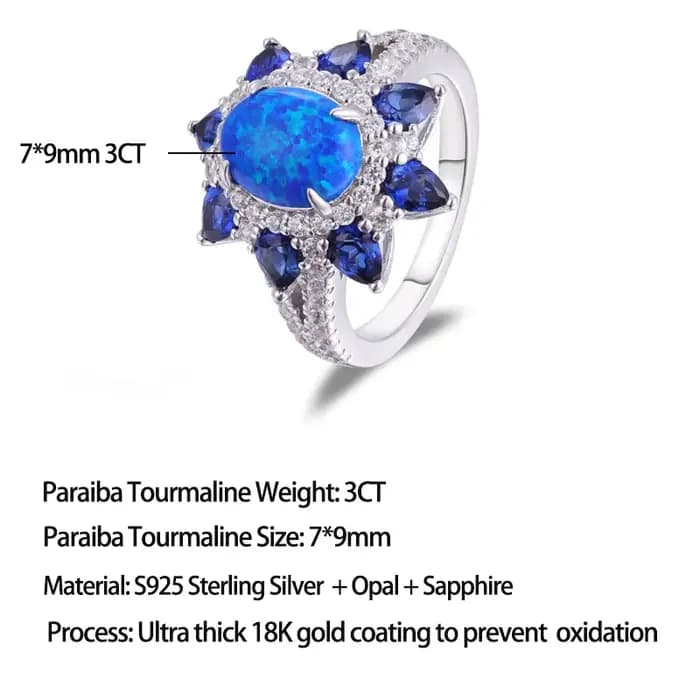 Bague Statement LinkerLove en Argent S925 avec Opale Bleue Ovale 3 carats et Halo Étoilé pour Femme,