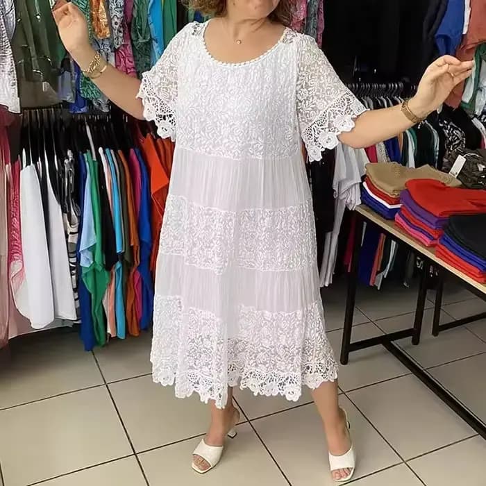 Robe longue brodée rétro à manches courtes pour femmes, col ras du cou, robe élégante pour dames, mo