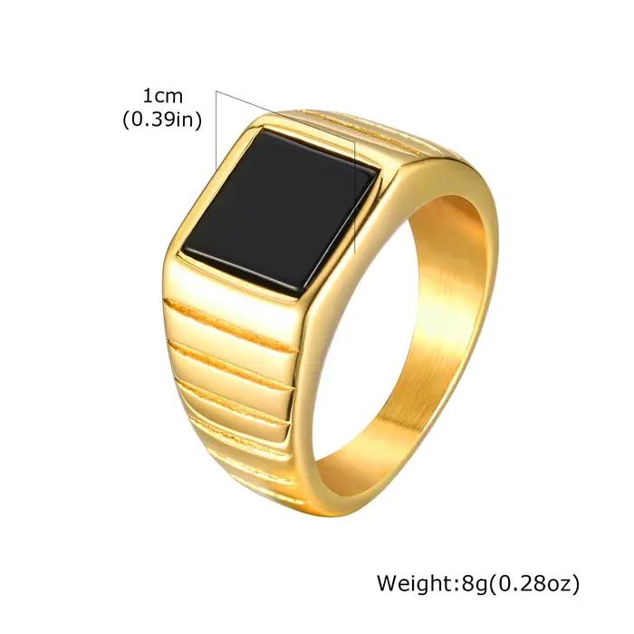 Bague en pierre noire pour hommes, bague carrée en acier inoxydable de couleur or, bague de pouce, c