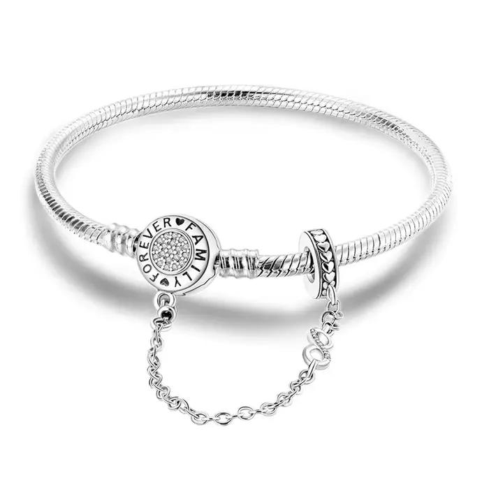 Élégant Bracelet Chaîne de Sécurité Famille Éternelle en Argent Sterling 925, Motif Os de Serpent, C