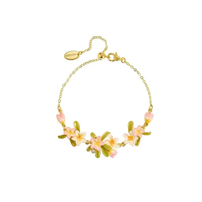 Bracelet ajustable en émail plaqué or 18 carats avec fleur de frangipanier et perle rose, bijoux flo