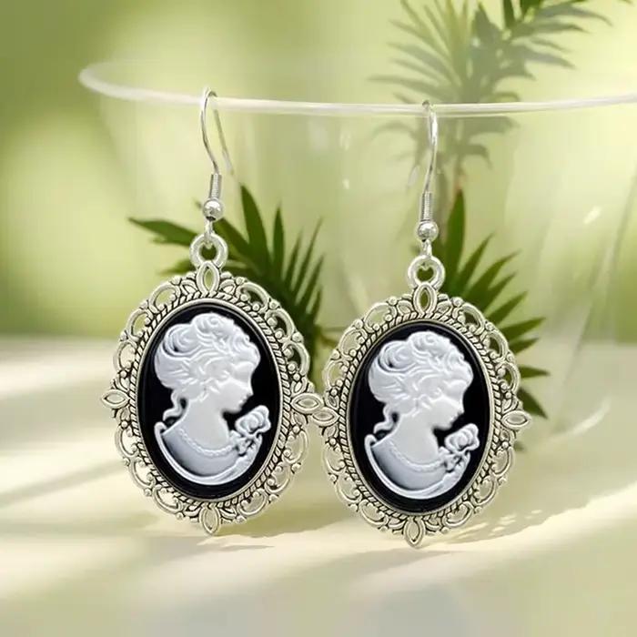 Vintage ovale femme camée boucles d'oreilles européen classique argent plaqué boucles d'oreilles pou