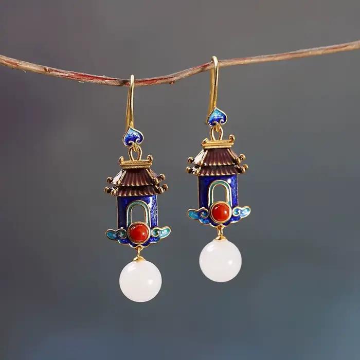 Boucles d'oreilles exquises et luxueuses en forme de cour pour femmes, bijoux en porcelaine de style