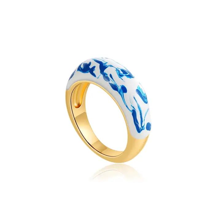 Bague statement en émail bleu et blanc pour femmes, vintage, large, couleur or, cercle, bague de doi