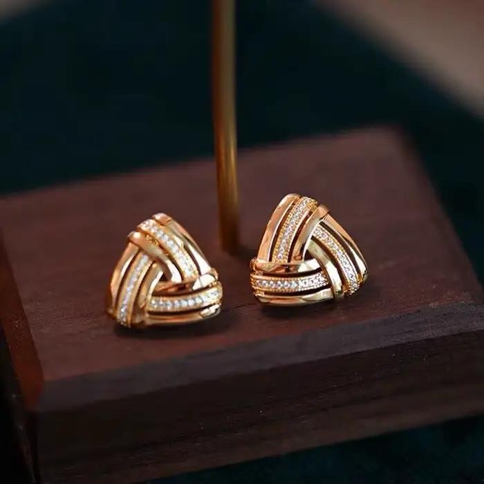 Boucles d'oreilles triangulaires vintage incrustées de diamants, tressées, ajourées, brillantes, hau