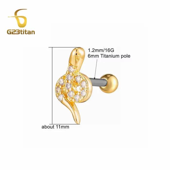 Lot de 2 clous d'oreille en titane 16G avec zircon cubique, motif serpent, pour piercing hélix, lobe