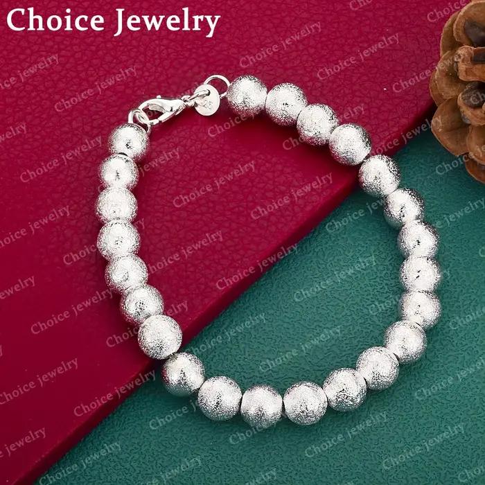 Bracelet en argent Sterling 925 avec perles rondes givrées de 8mm, bijoux à la mode pour hommes et f