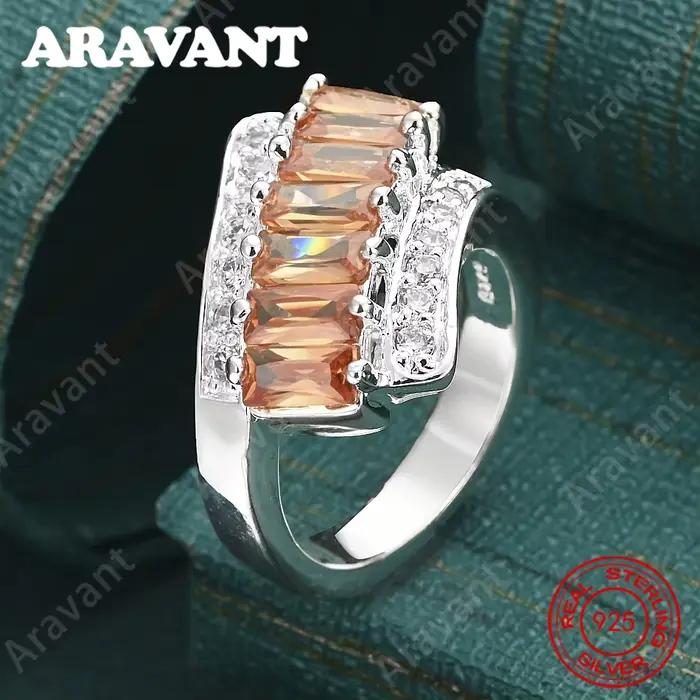 Bague carrée en argent sterling 925 avec zircon orange - Accessoire quotidien pour femme, bijou simp