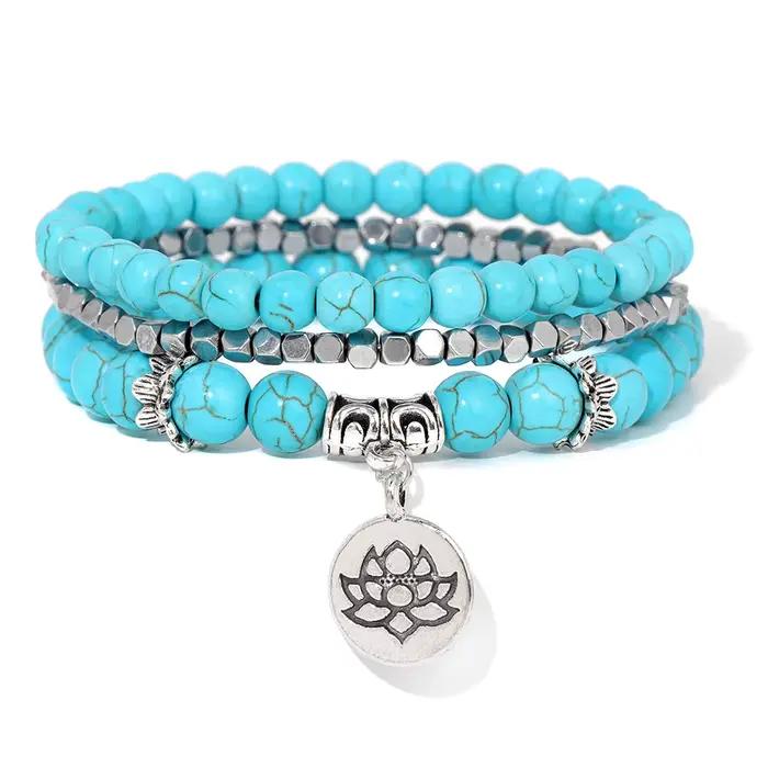 Lotus Bracelet à breloques ensemble 3 pièces/ensemble pierre de quartz rose naturel 4 6 8mm perles B