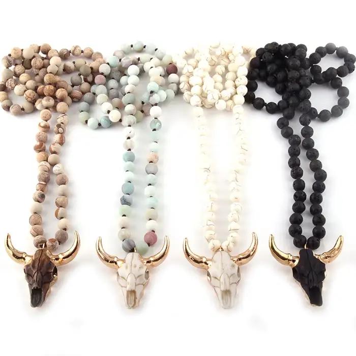 Collier pendentif en corne nouée pour femme, bijoux bohèmes, pierre d'amlogging, collier de perles, 