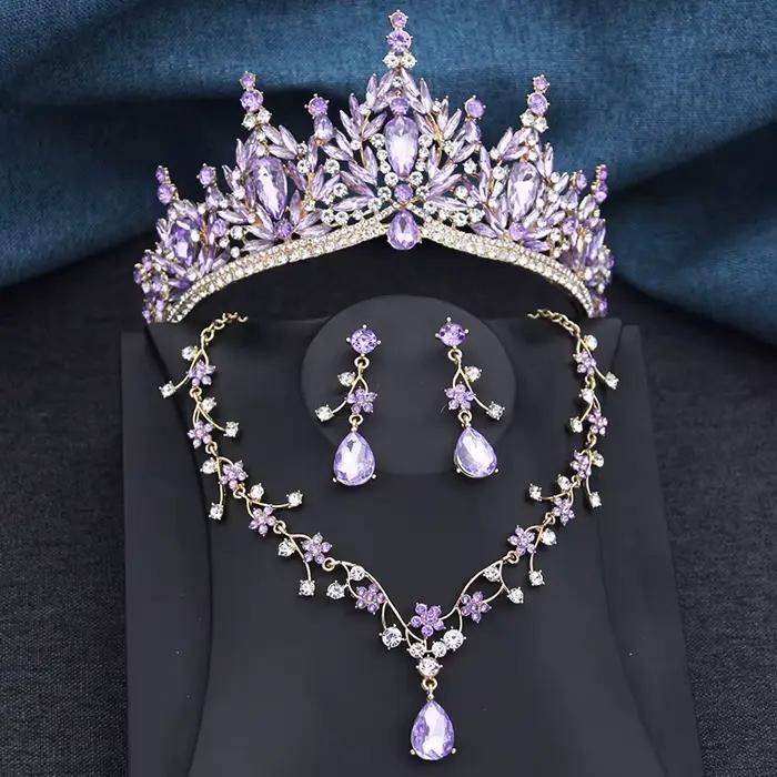 Parures de bijoux de mariée de luxe pour femmes, ensemble de 3 pièces, diadèmes et collier, boucles 