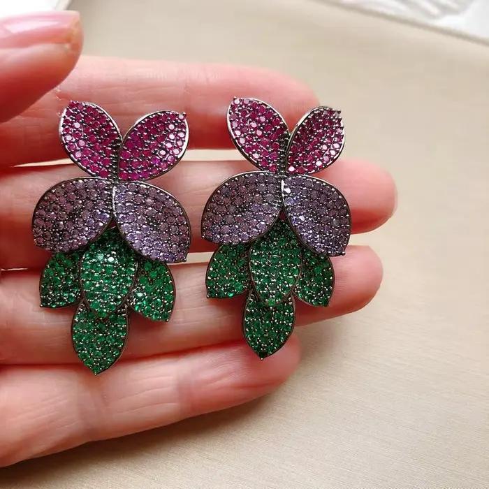 Bilincolor-Boucle d'oreille de luxe pour femme, grosse boucle d'oreille fleur violette et rouge, cui