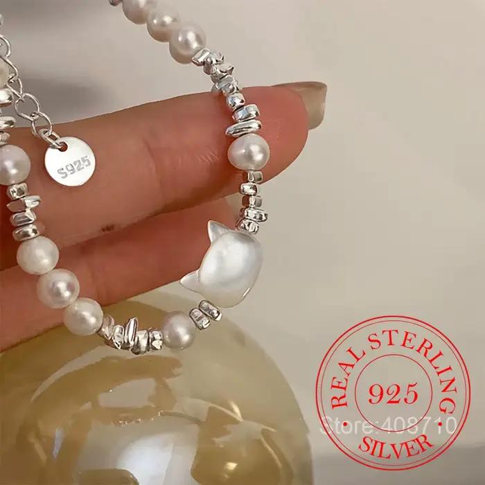 Bracelet à breloques en argent Sterling 925 pour femmes et hommes, perles naturelles, chat, luxe, fi
