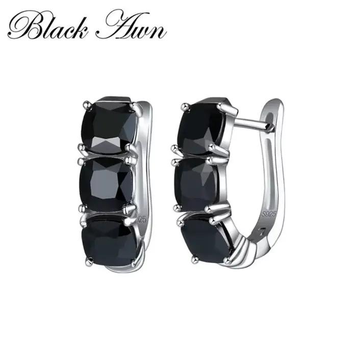 Nouvelles Boucles d'Oreilles Clous Simples en Argent Noir avec Pierre Spinelle Noire en Forme d'Étoi