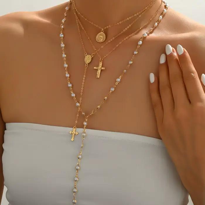 Collier vintage superposé en Y pour femme, imitation perle, croix, médaille Vierge Marie, strass, pa