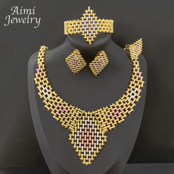 Ensemble de bijoux plaqués or 18 carats pour femmes, 4 pièces, collier, boucle d'oreille, Bracelet, 