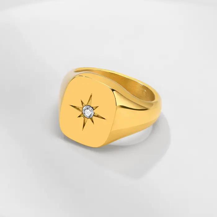 Bagues chevalière étoile pour femmes, couleur or, métal solide, carré, rond, timbre supérieur, bande