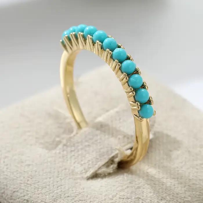 Bague Classique Incrustée d'Imitation de Turquoise pour Femme, Bijou Tendance Doré à Motifs Géométri