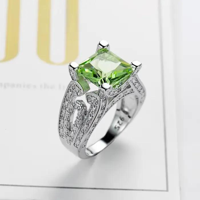 Bague de mariage de luxe pour femme, grand cristal vert, couleur argent, Zircon, carré, bijoux, cade