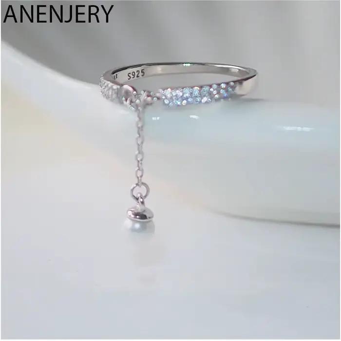 ANENJERY couleur argent AAA Zircon anneaux simulé perle chaîne gland anneaux réglables pour les femm