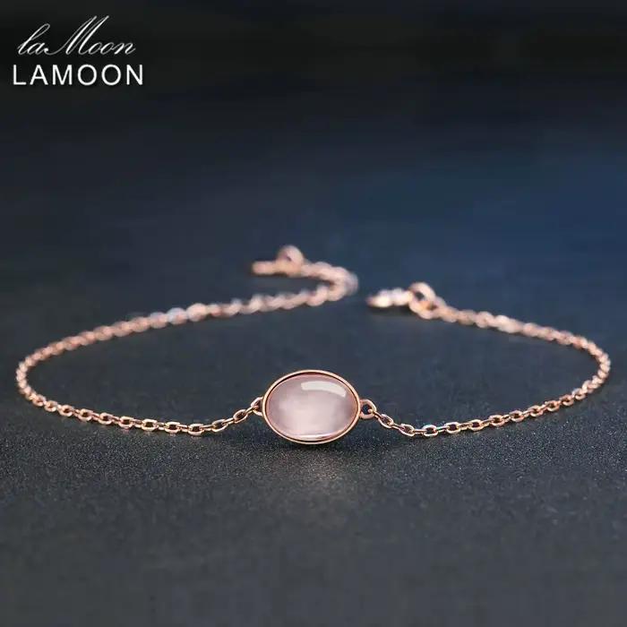 LAMOON-Bracelet Quartz Rose pour Femme, Pierre Précieuse, Argent 925, Plaqué Or Rose 18K, Bijoux Fin