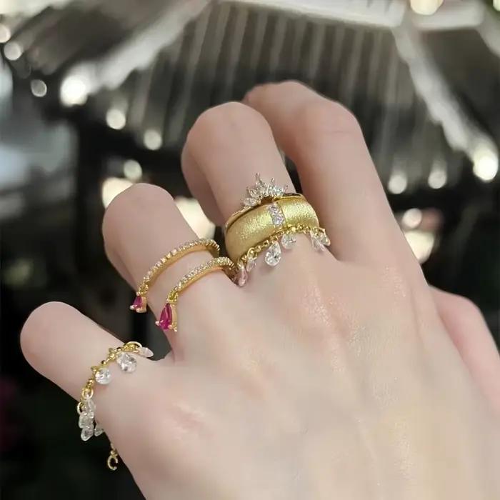 Bague double couche en diamant incrusté, motif goutte d'eau étincelante, avec pampille et entièremen