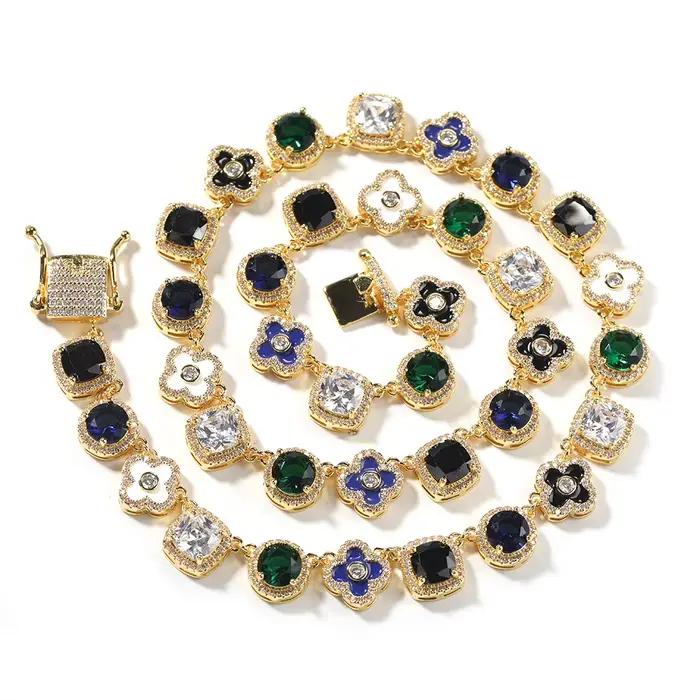 Uwin – collier carré en Zircon coloré, chaîne en émail à fleurs, entièrement glacé, Zircon cubique, 