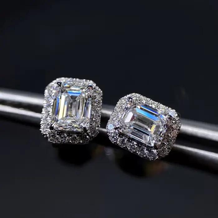 Boucles d'oreilles en diamant Moissanite taille émeraude, 100% argent sterling 925 véritable, promes