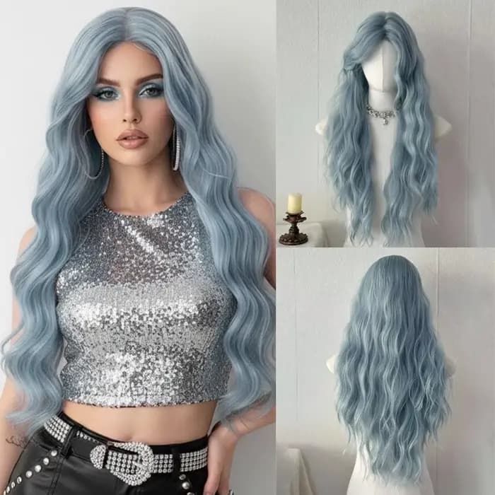 Perruque synthétique longue et bouclée bleue avec raie au milieu, style Lolita, résistante à la chal