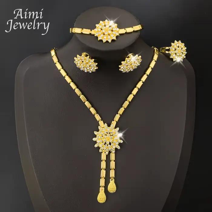 Ensemble de bijoux de luxe plaqué or avec strass brillants pour femmes, collier, boucle d'oreille, B