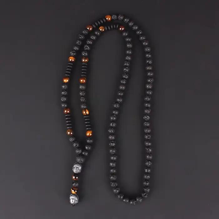 Collier perlé œil de tigre pour homme et femme, pierre de lave, pendentif tête de bouddha, 6mm
