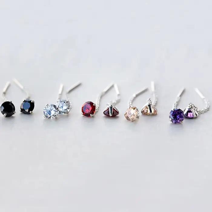 Bijoux en argent regardé 925 pour filles, boucles d'oreilles pompon à maillons, rouge clair, noir, v