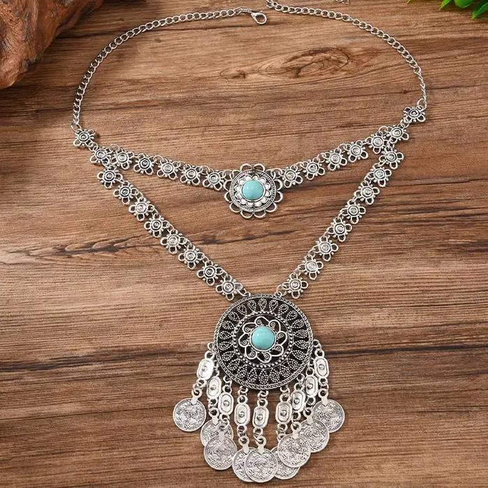 Collier ethnique en forme de pièce de monnaie Turquoise, style bohème, Vintage, pendentif à pampille