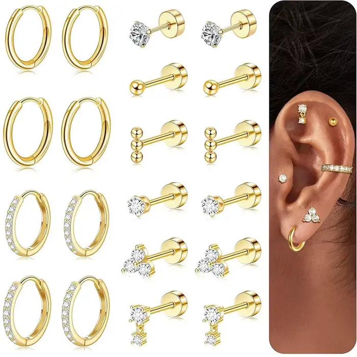 Ensemble de boucles d'oreilles en acier chirurgical hypoallergénique, cerceaux, Tragus, Cartilage, P