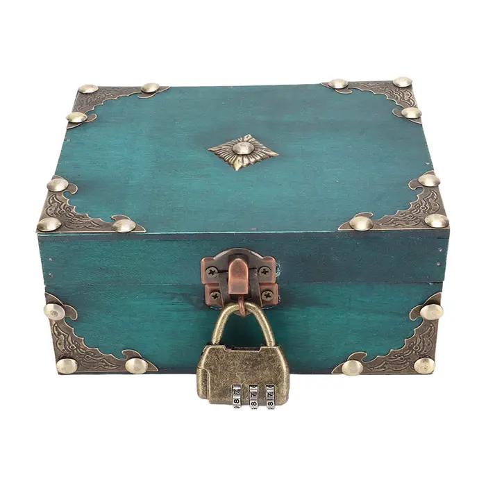 Boîte de rangement à bijoux en bois avec serrure, boîte à trésors vintage artisanale exquise pour le