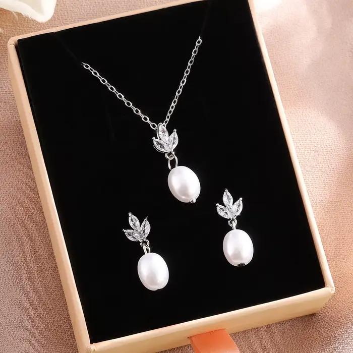 ZAKOL élégant brillant Zircon Imitation perle pendentif boucle d'oreille collier ensemble pour les f