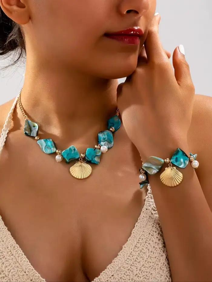 Ensemble de bijoux en perles de résine bleues effet patiné pour femme, collier et bracelet avec pend