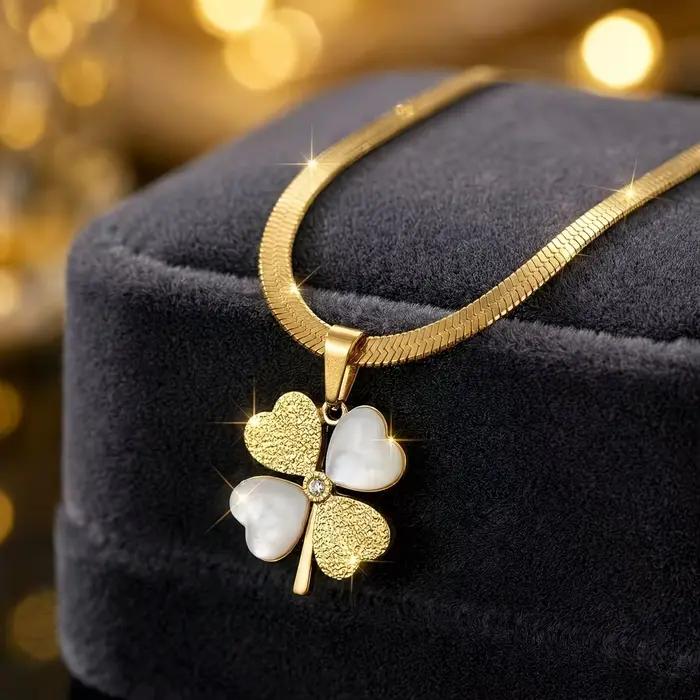 Collier pendentif trèfle à quatre feuilles porte-bonheur, perle nacre, bijoux en acier inoxydable bi