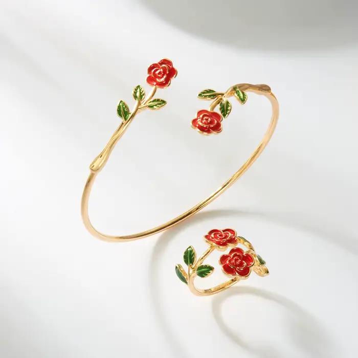 Ensemble bracelet et bague fleur de camélia vintage pour femme, couleur or, manchette ouverte réglab