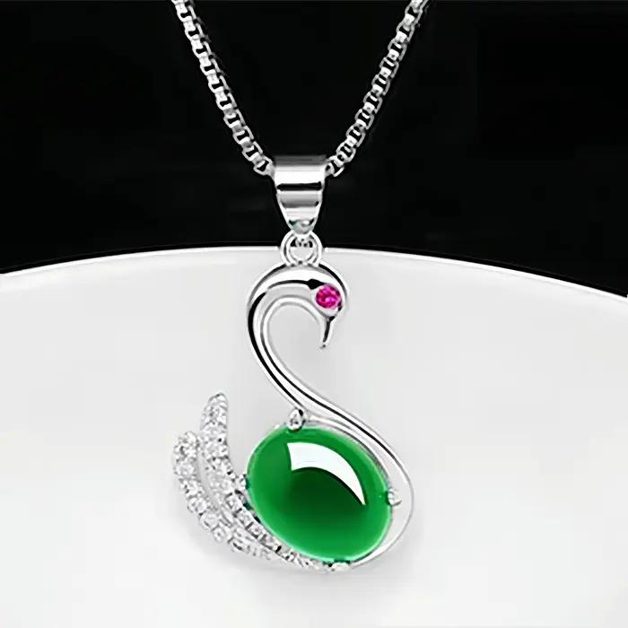 Collier pendentif en argent 925, amulette verte naturelle, pierre précieuse sculptée, breloque, acce