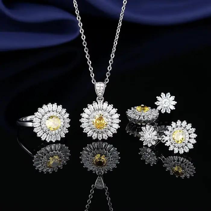 Ensemble de bijoux en argent Sterling 925 tournesol plein de Zircon brillant, bijoux de luxe légers 